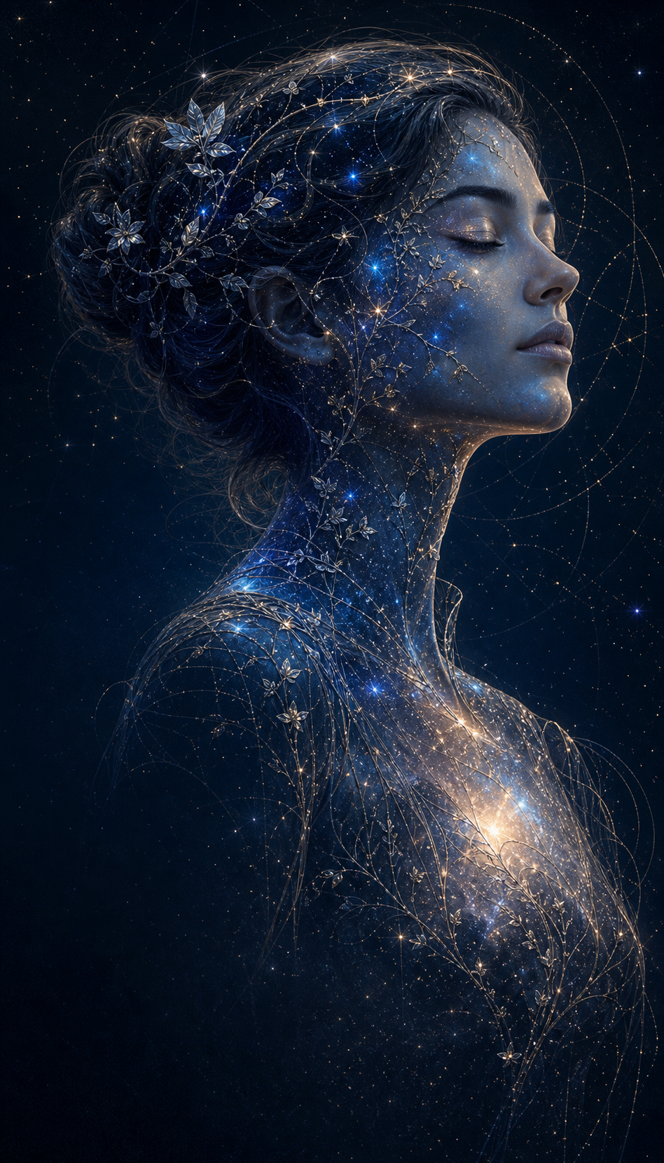 Garota Cósmica adulta em um retrato de estrelas, prata e azul